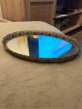 Rare Antique Ornate Brass Mirrored Vanity Tray - Oval EUC
